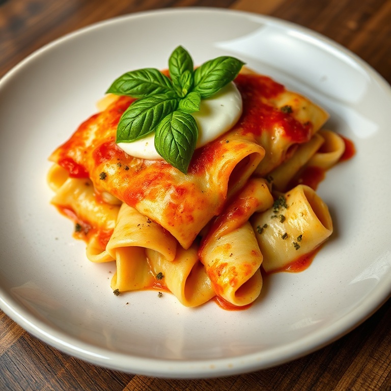 Perfectly plated cheesy baked mostaccioli. Topped with fresh basil and extra mozzarella. Warm side lighting highlights the texture.