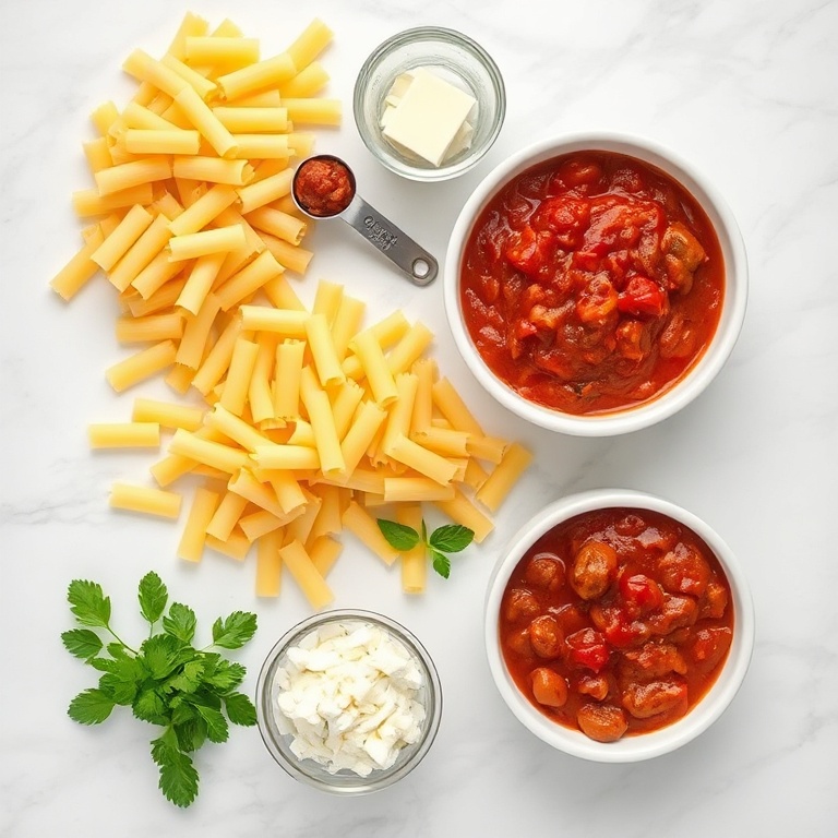 Raw ingredients for cheesy baked mostaccioli. Fresh pasta, italian sausage, ricotta, mozzarella, and marinara sauce. Measuring spoons, bowls, and cups visible.