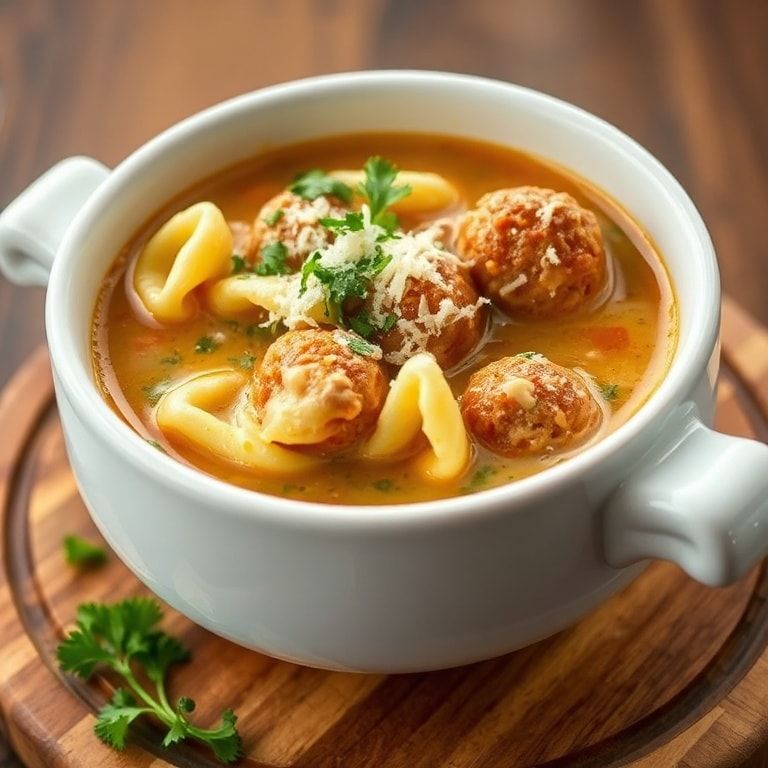 One hearty serving of cheesy meatball tortellini soup topped with chopped fresh parsley, in a white soup bowl, close-cropped with warm side lighting