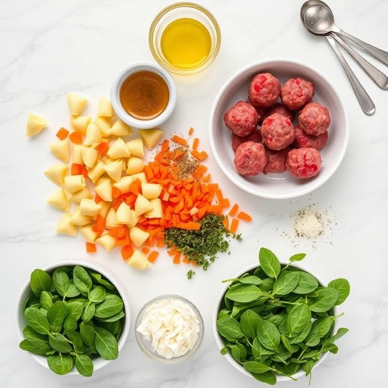 Flat lay of raw cheese tortellini, ground beef meatballs, carrots, onions, and baby spinach arranged with bowls of broth and spices on white marble