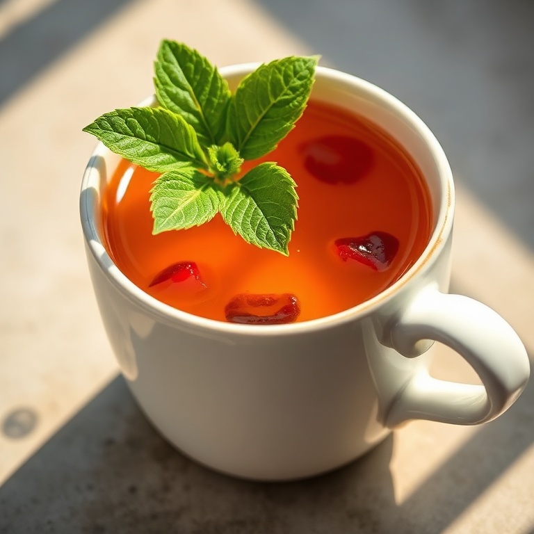 A small porcelain mug filled with cherry vanilla earl grey tea. A fresh mint leaf rests on top. The tea is golden with visible cherry pieces. Warm side lighting highlights the smooth texture and vibrant color.