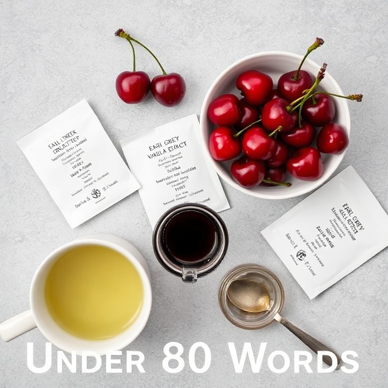 Overhead flat lay of fresh cherries, Earl Grey tea bags, vanilla extract, a cup of hot water, and a spoon. The cherries are bright red and plump. The tea bags are clearly visible. A small measuring cup and a glass jar are nearby.