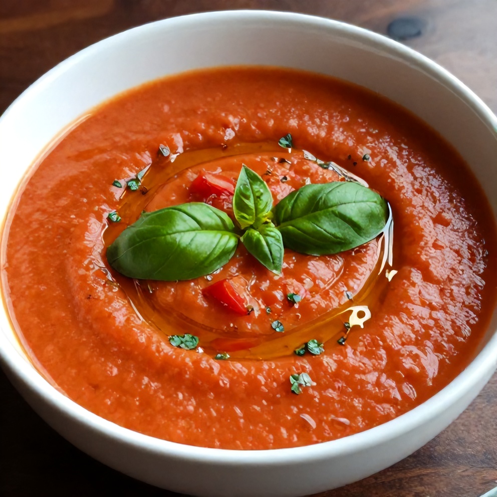 One perfect serving of Chilled Mediterranean Tomato and Roasted Pepper Soup plated in a shallow bowl, garnished with fresh basil leaves and a drizzle of olive oil, with warm side lighting highlighting the soup's creamy texture.
