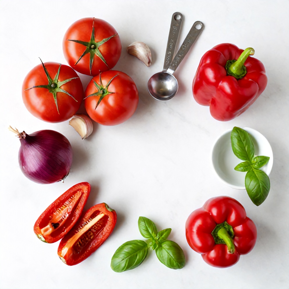 Raw ingredients for Chilled Mediterranean Tomato and Roasted Pepper Soup arranged in an overhead flat lay on a white marble surface, including tomatoes, bell peppers, garlic, olive oil, and fresh basil, with measuring spoons and bowls visible.