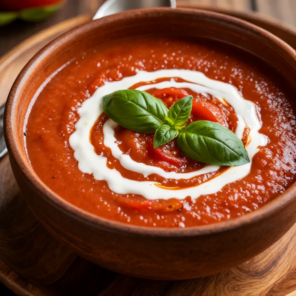 Chilled Roasted Tomato Basil Soup with Coconut Cream and Fresh Basil