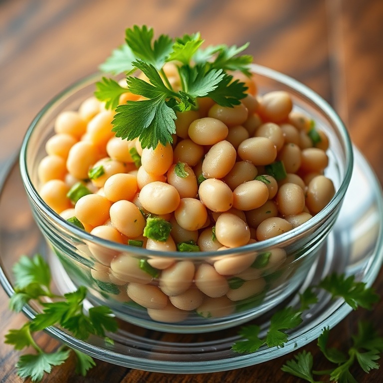 Cilantro Lime Bean Salad in a glass bowl with fresh cilantro on top