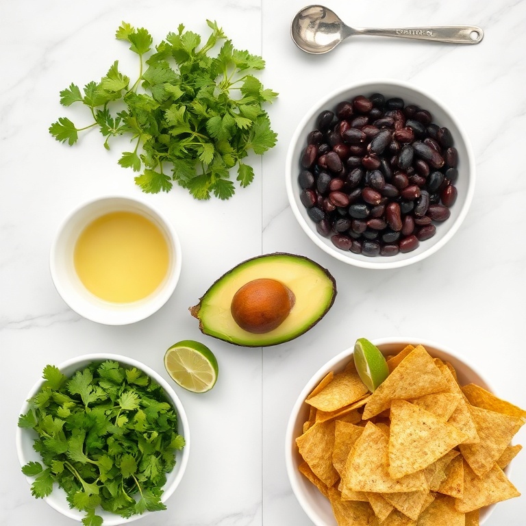Fresh beans, cilantro, lime, avocado, and tortilla chips arranged on a white plate