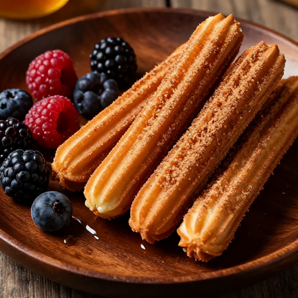 Plated churro pancakes with a side of fresh berries