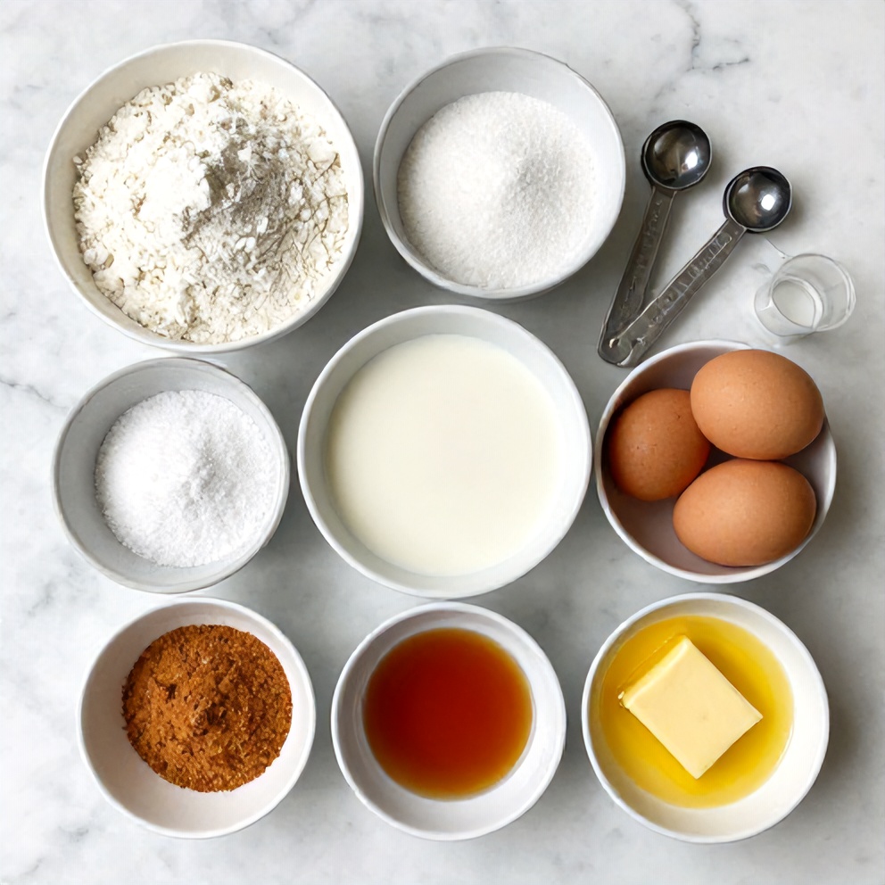 Raw ingredients for cinnamon sugar churro pancakes arranged on a marble surface