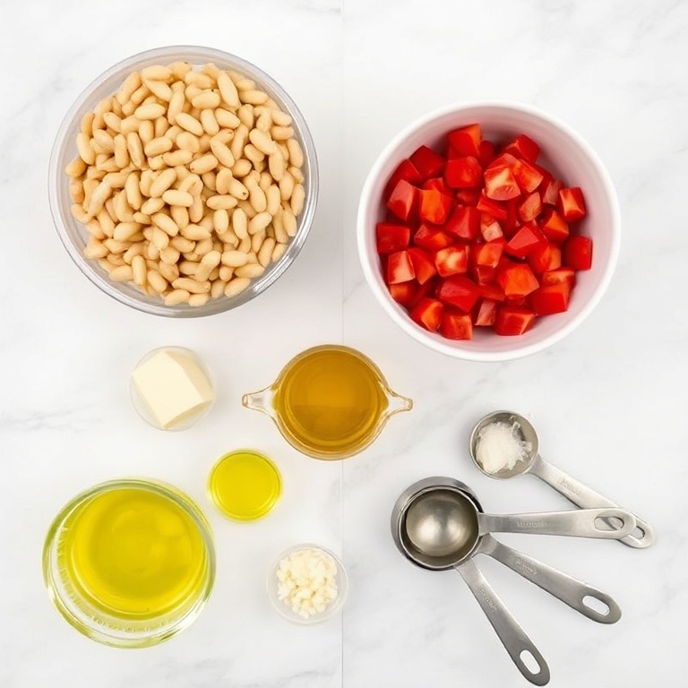 Raw ingredients for Classic Pasta Fagioli Soup arranged in an overhead flat lay. Dried beans, tomatoes, onion, garlic, and olive oil.
