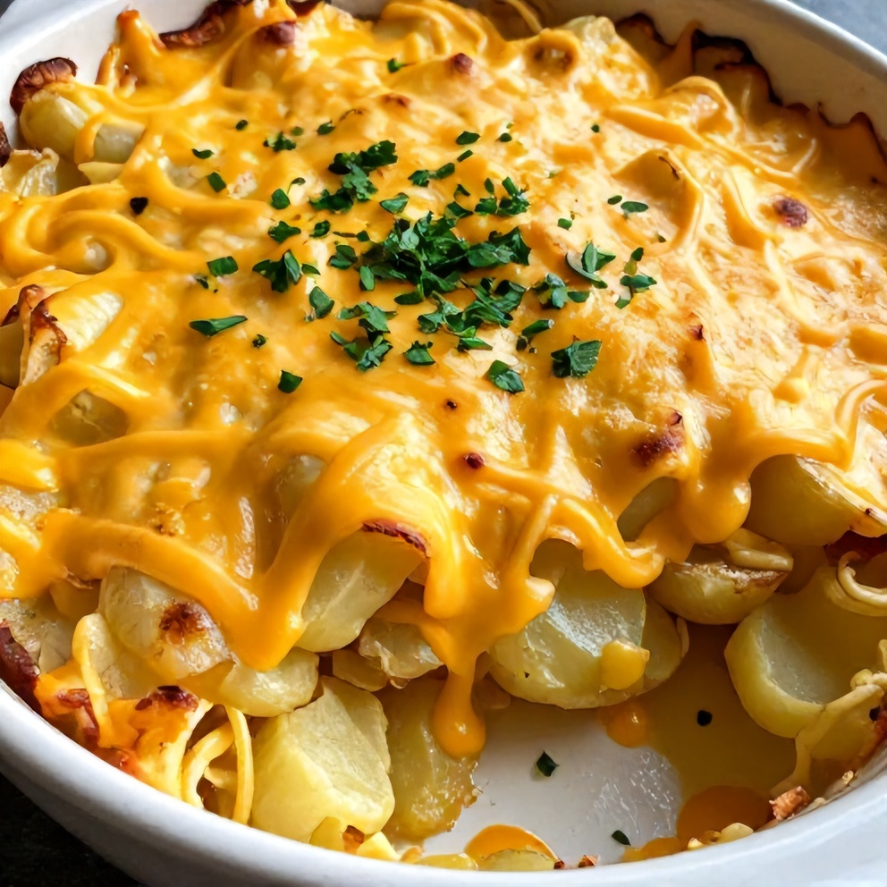A serving of creamy scalloped potatoes with cheddar cheese