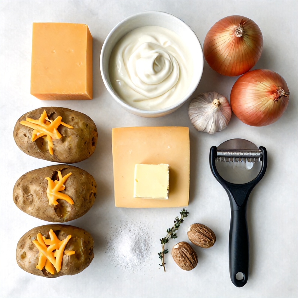 Raw ingredients for classic scalloped potatoes with cheddar cheese