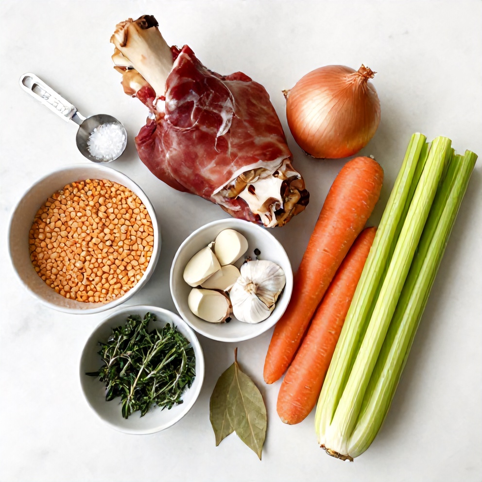 Split Pea Soup Ingredients on a Marble Counter