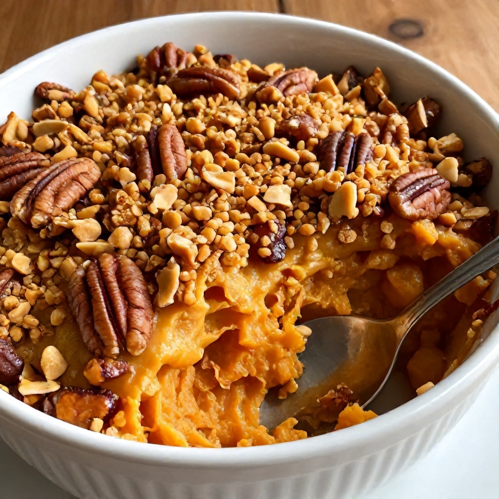 Plated Classic Sweet Potato Casserole with Pecan Topping