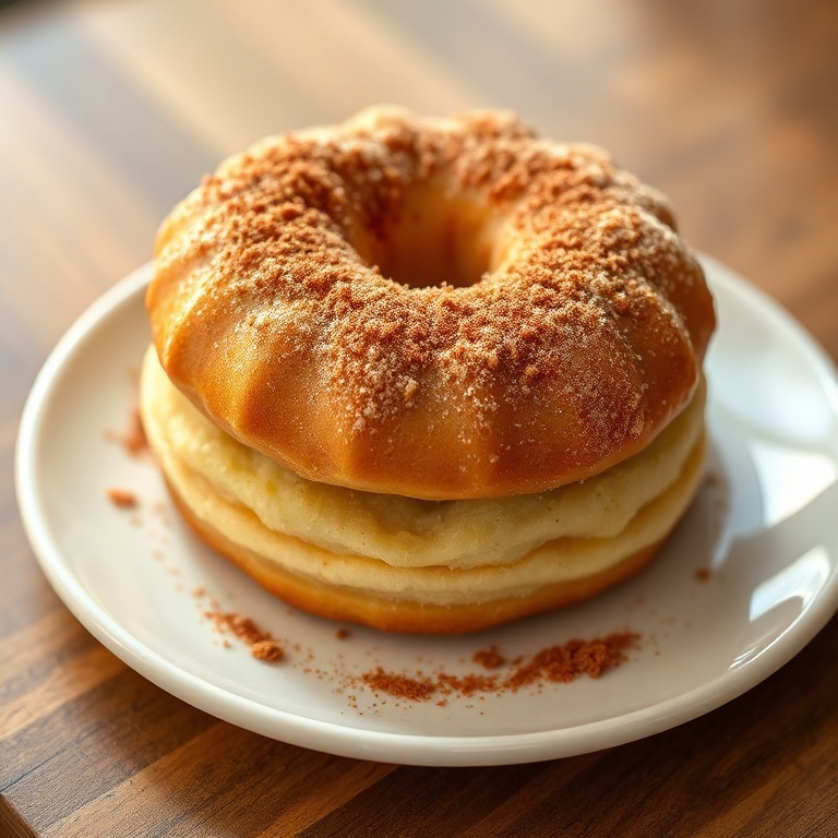 Donut bread with cinnamon sugar on top, on white plate, warm lighting, visible texture