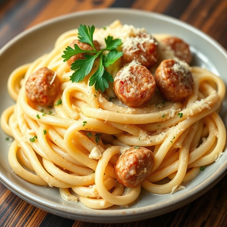 Plated Creamy Alfredo Pasta with Italian Sausage. Topped with fresh parsley and extra Parmesan cheese. A rich and creamy dish.