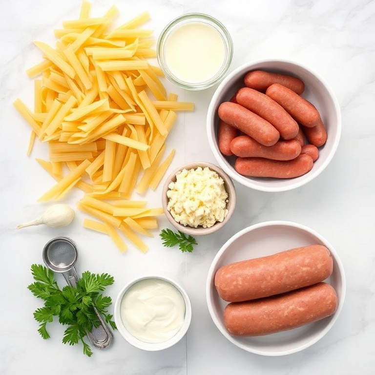 Raw ingredients for Creamy Alfredo Pasta with Italian Sausage. Fresh pasta, garlic, butter, heavy cream, Parmesan cheese, and Italian sausage.