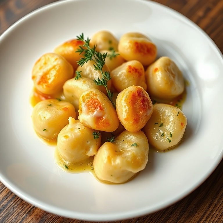 A serving of gnocchi with golden crust, melted cheese, and fresh thyme on a white plate.