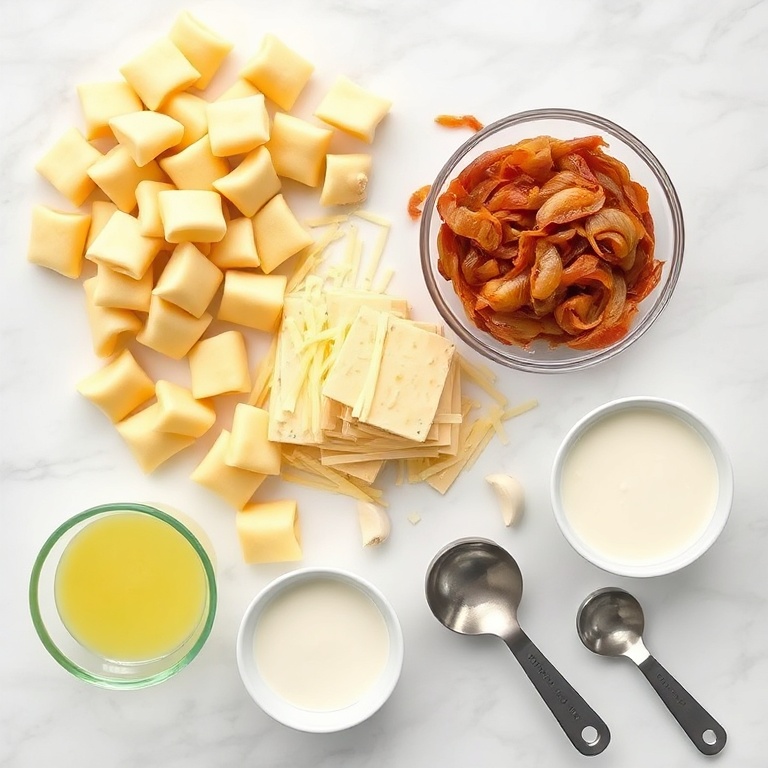Fresh gnocchi, caramelized onions, melted cheese, garlic, heavy cream, and butter arranged in a flat lay.