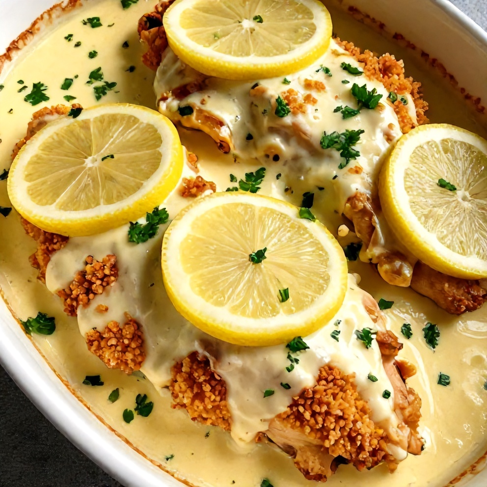 Plated Creamy Baked Lemon Butter Chicken with lemon slices