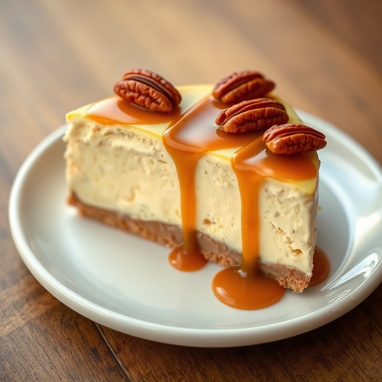 Single plated creamy banana caramel nut cheesecake slice topped with caramel and chopped pecans on a white plate, close crop, natural light highlighting the creamy texture.