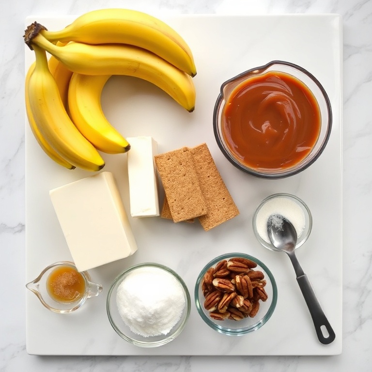 Overhead view of raw ingredients for banana caramel nut cheesecake: bananas, cream cheese, caramel sauce, graham crackers, pecans. Bowls, measuring spoons, and cups on a marble surface.