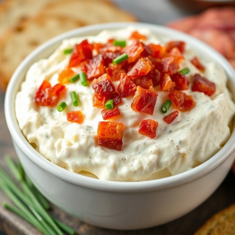 One bowl of creamy BLT cottage cheese topped with crisp bacon and fresh chives on a white ceramic bowl. Close crop, warm light, creamy and crunchy textures.