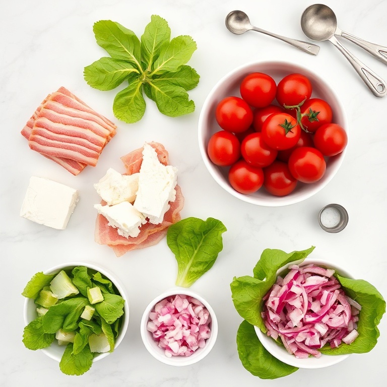 Overhead flat lay of raw ingredients: cottage cheese, crispy bacon, grape tomatoes, green lettuce, red onion, and measuring spoons. Everything arranged on white marble with prep bowls.