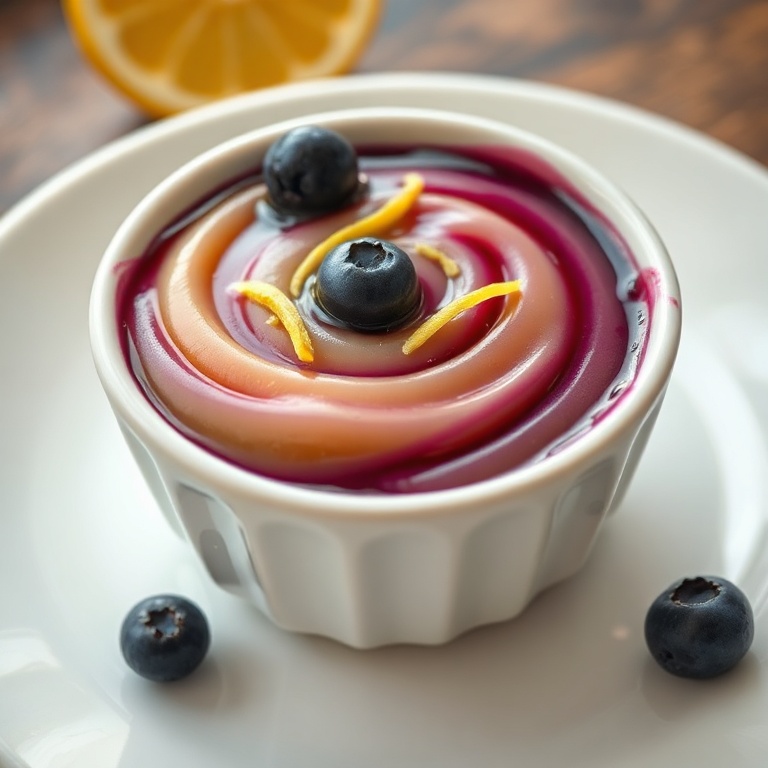 A small bowl of creamy blueberry lemon curd topped with lemon zest on a white plate, close crop, showing rich gloss and thick texture.