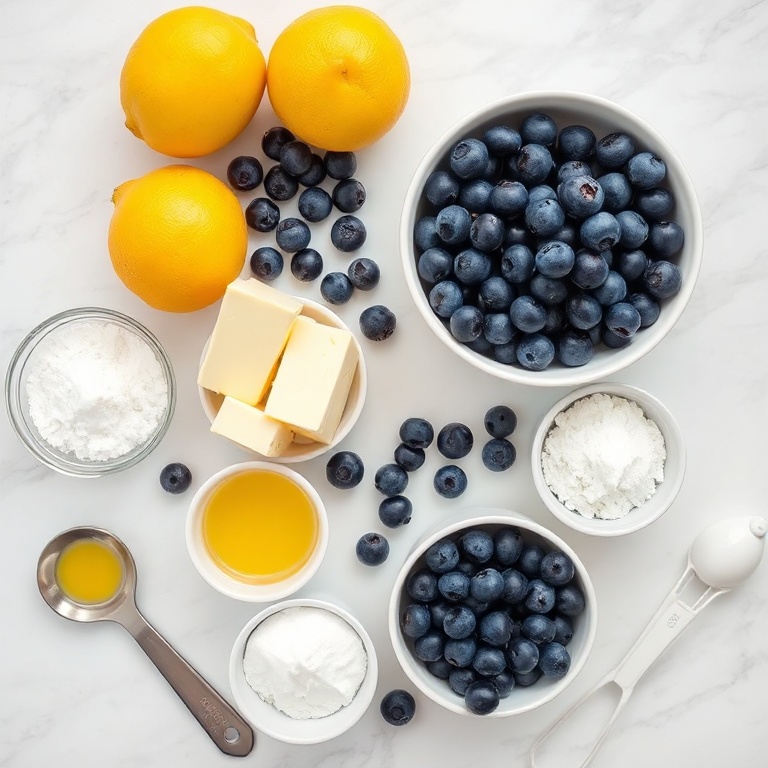 Overhead shot of fresh blueberries, lemons, butter, eggs, and sugar on white marble. Prep bowls and measuring spoons visible.