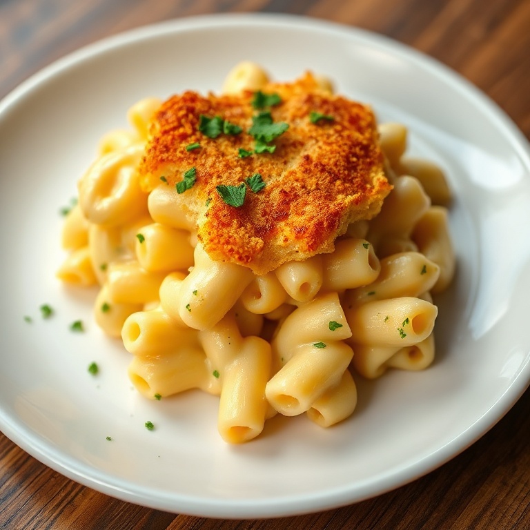 Perfectly plated mac and cheese with a crispy top. Sprinkled with parsley on a white plate.