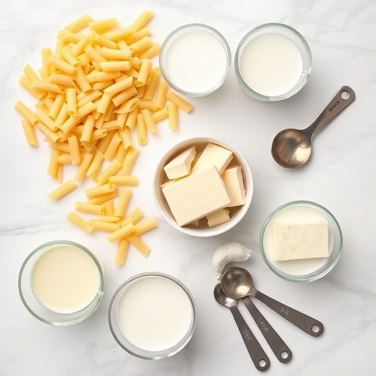 Raw ingredients for creamy boursin mac and cheese. Pasta, boursin cheese, milk, butter, and garlic cloves arranged in a flat lay.
