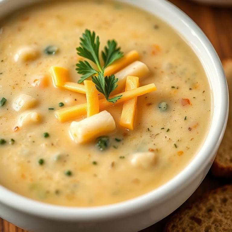A bowl of creamy broccoli cheddar soup with cheddar cheese and parsley. Close-up of smooth texture. White ceramic bowl. Warm lighting showing richness.