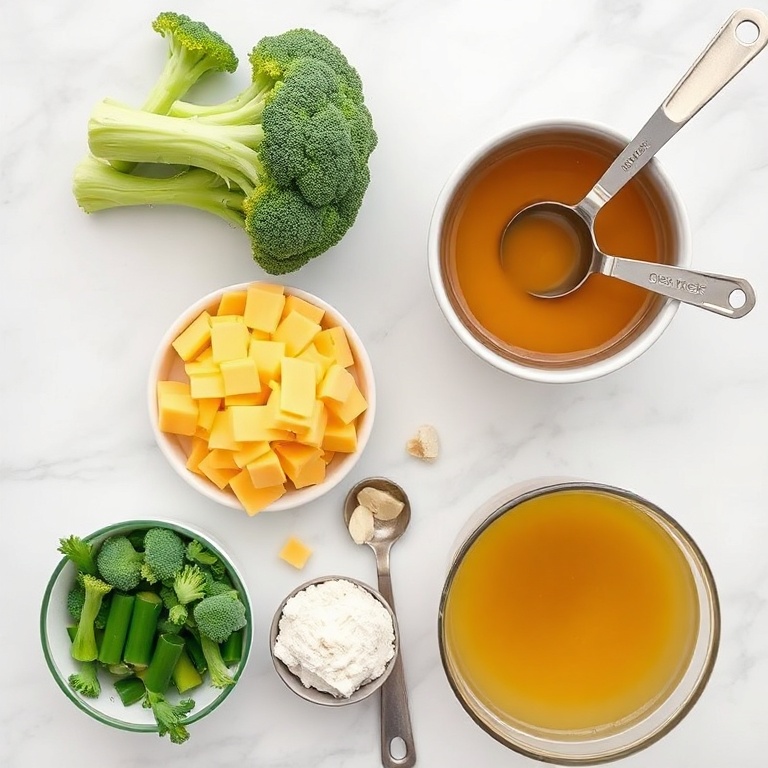 Raw broccoli, sharp cheddar, onion, garlic, flour, chicken broth. Overhead flat lay. Measuring spoons and bowls visible. White marble surface. Bright even light.