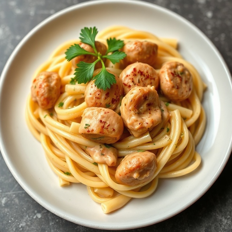 Perfect plated serving of creamy cajun chicken and sausage pasta. Topped with fresh parsley and a sprinkle of chili flakes. Close-up of the dish with a smooth, rich sauce and tender chicken.