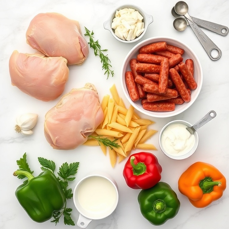 Overhead flat lay of fresh ingredients. Chicken thighs, andouille sausage, penne pasta, garlic, onion, bell peppers, and heavy cream. Measuring cups and spoons nearby. White marble surface with bright even light.