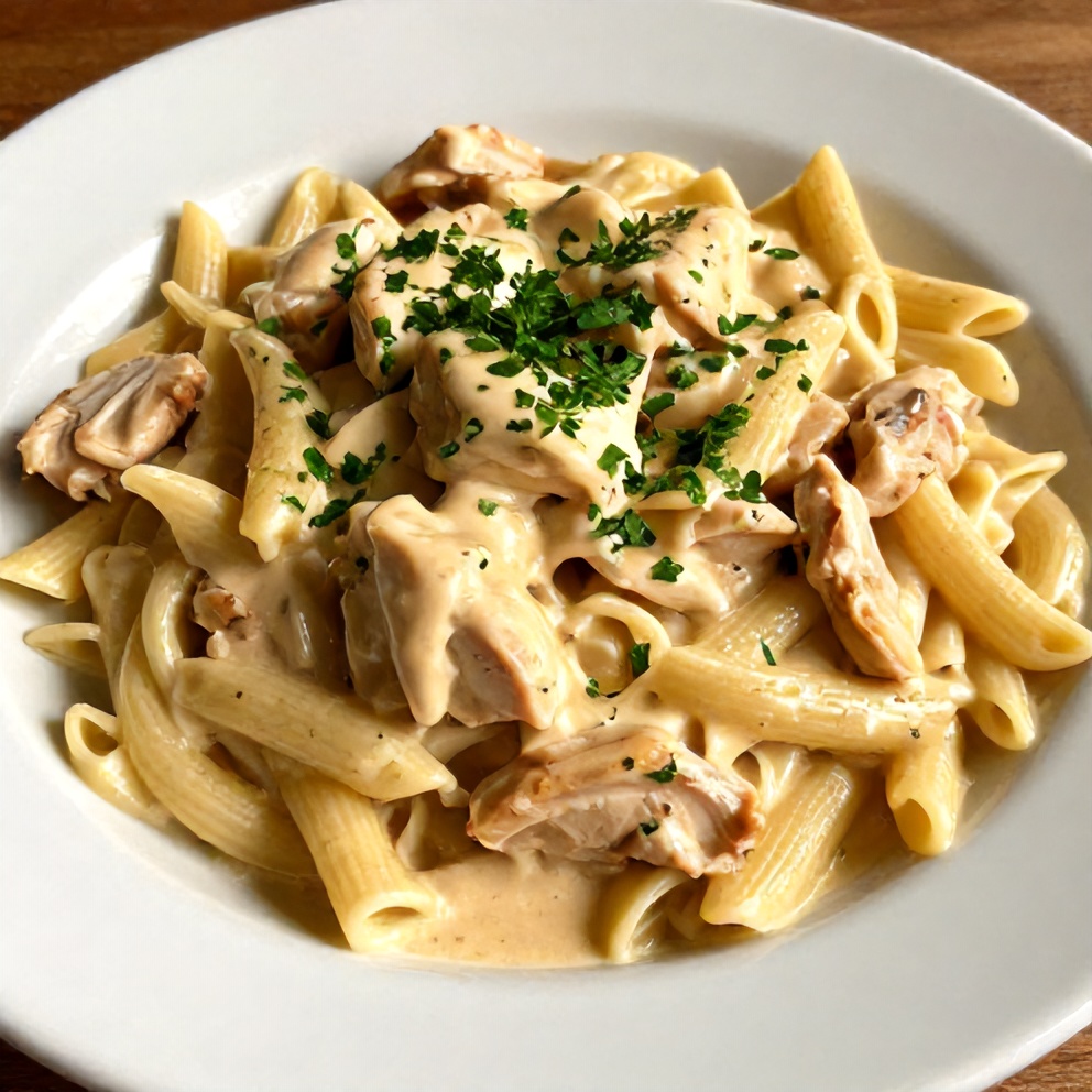 Plated Cajun Chicken Pasta with fresh parsley