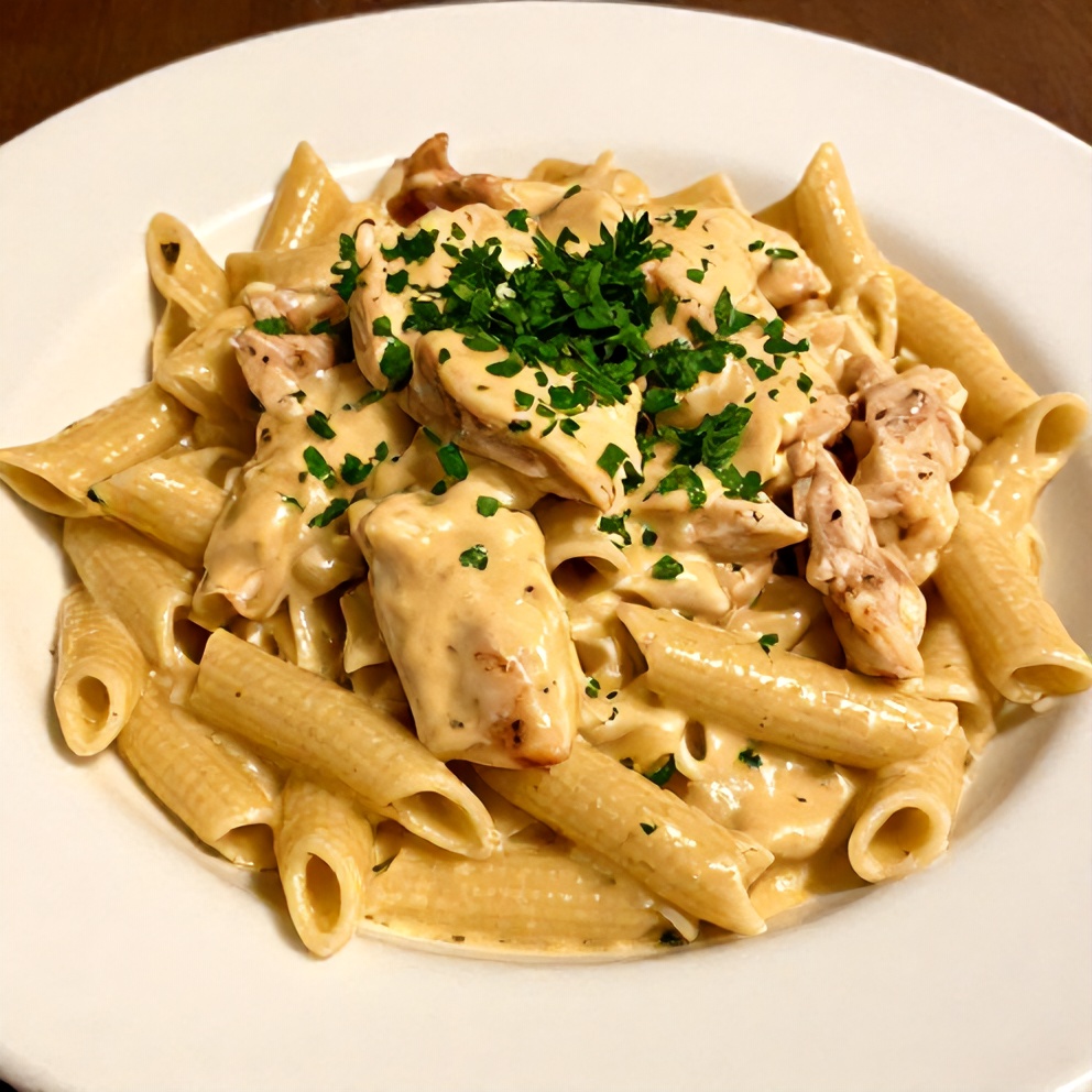 Plated Cajun Chicken Pasta with parsley garnish
