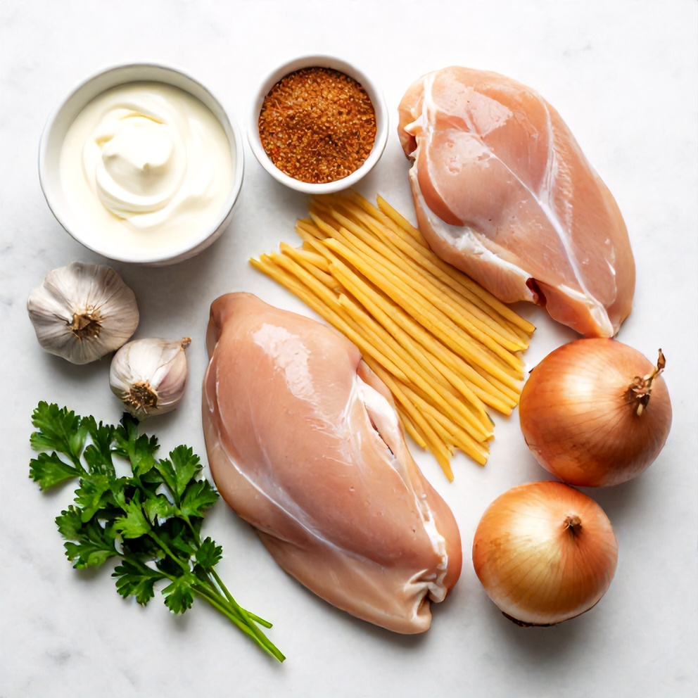 Cajun Chicken Pasta ingredients flat lay