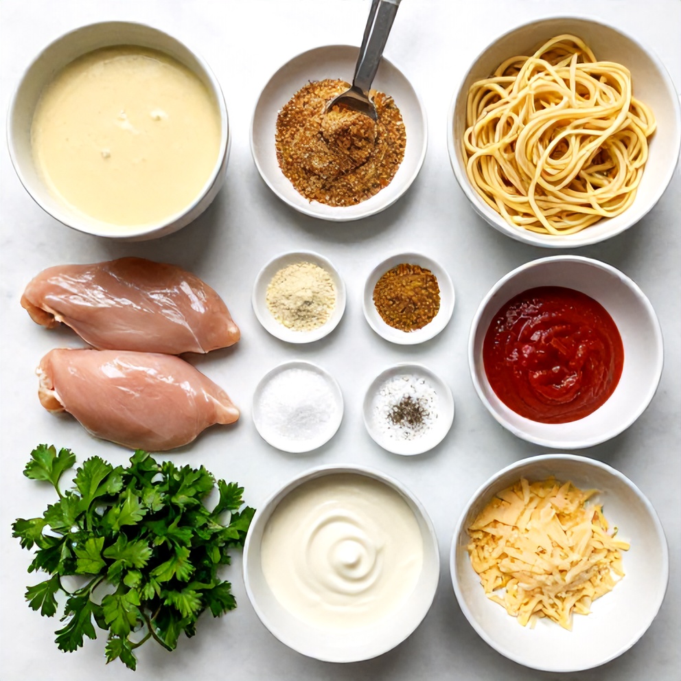 Raw ingredients for Cajun Chicken Pasta laid out
