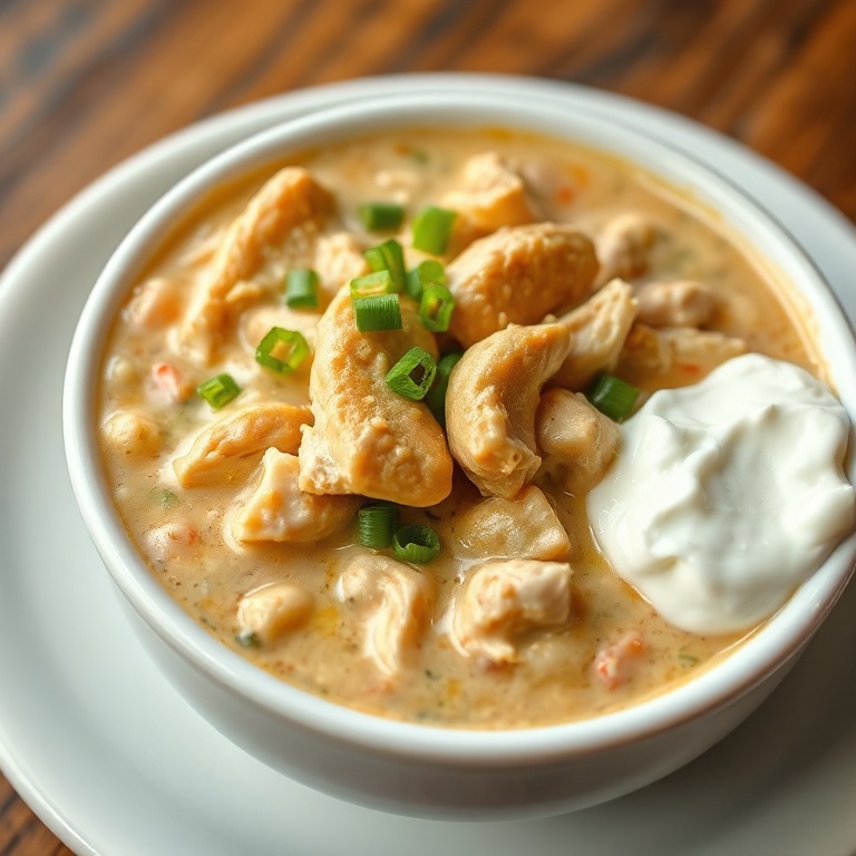 A perfectly plated bowl of creamy Cajun white chicken chili with a sprinkle of green onions and a dollop of sour cream on the side.