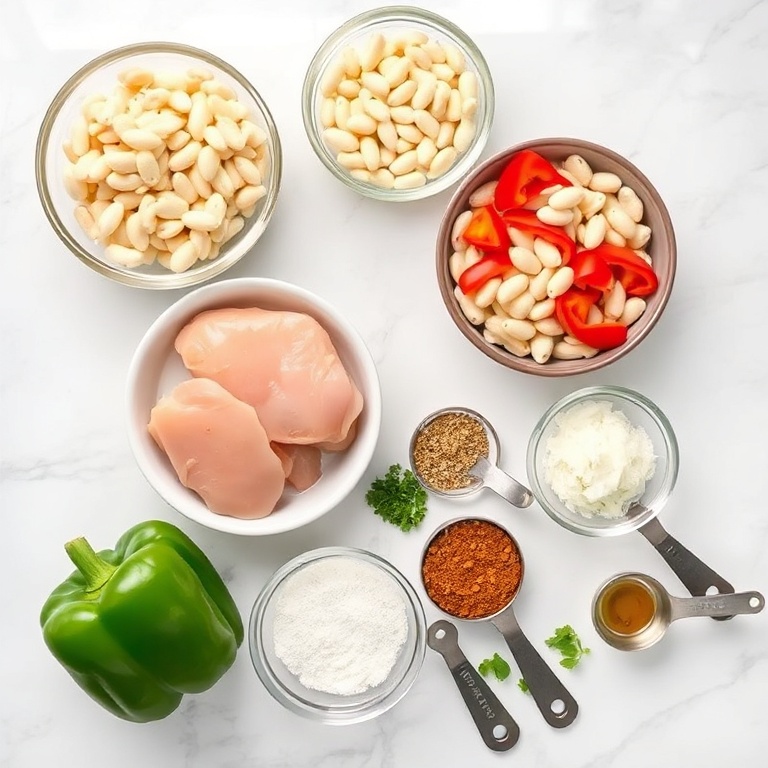 Raw ingredients for Creamy Cajun White Chicken Chili arranged in a flat lay. Chicken breast, white beans, onion, bell pepper, and spices.
