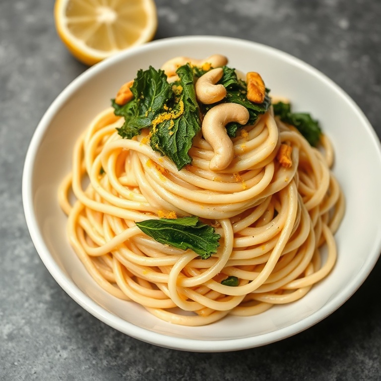 One plated serving of creamy cashew garlic pasta, lemon zest and kale ribbons on top, glossy sauce on tender noodles, in a shallow white bowl with warm side light showing creamy texture.