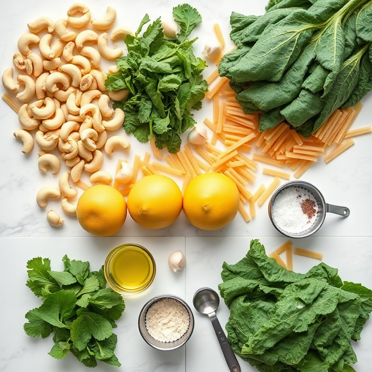 Overhead view of raw cashews, garlic cloves, Tuscan kale, fresh lemons, dried pasta, and olive oil in glass bowls on a white marble surface, measuring cups and spoons visible.