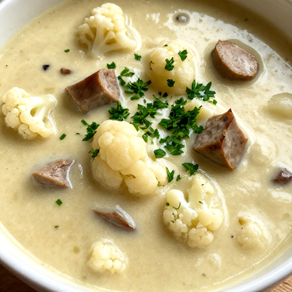 Bowl of creamy Cauliflower Sausage Kale Soup with a sprinkle of parsley