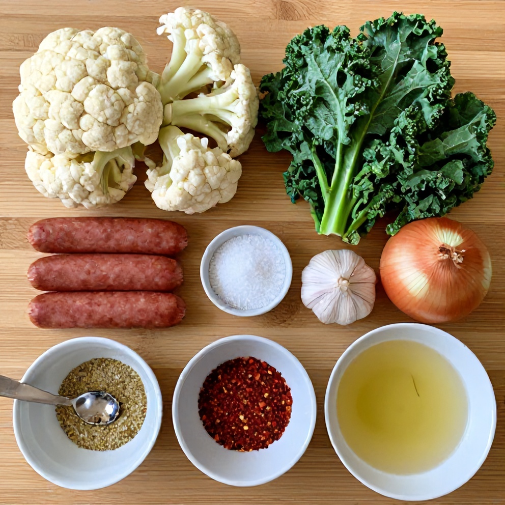 Raw ingredients for Cauliflower Sausage Kale Soup on a wooden surface