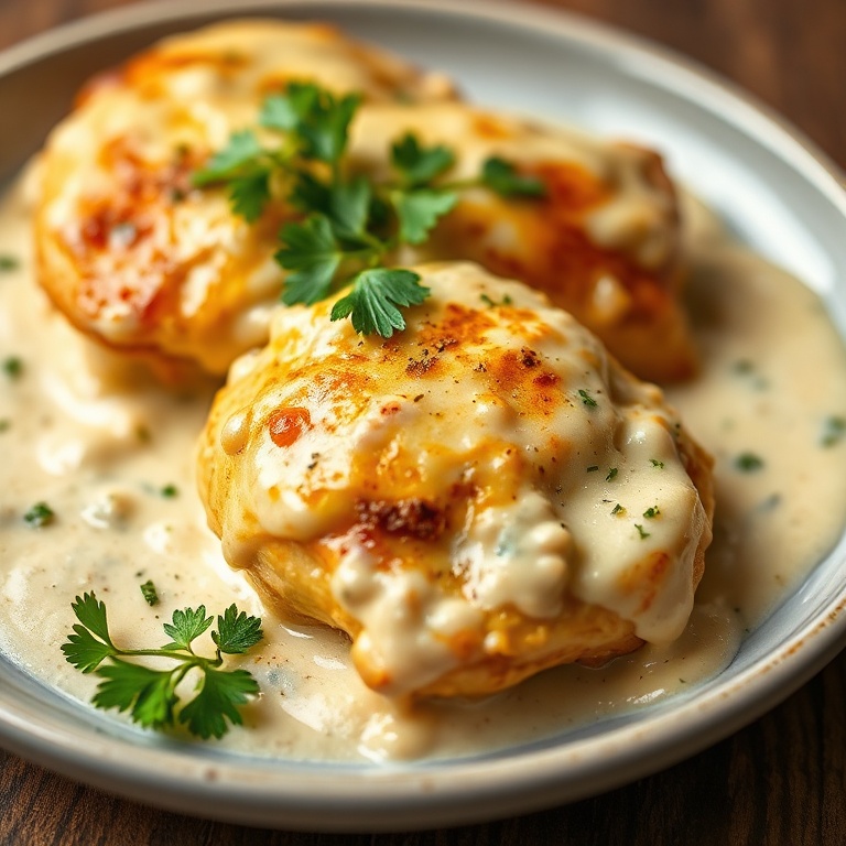 A plate of baked chicken with a creamy cheese sauce, topped with fresh parsley and a side of rice