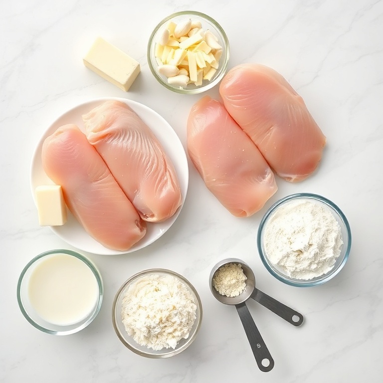 Raw chicken breasts, butter, flour, shredded cheese, milk, garlic, and thyme arranged in a flat lay