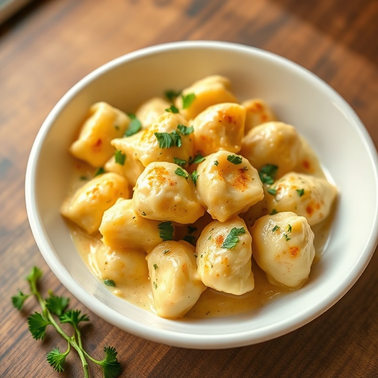 One serving of creamy chicken gnocchi bake garnished with fresh parsley, close up in a wide shallow white bowl, with golden cheese and creamy sauce.