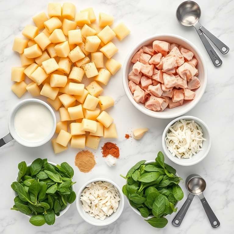 All raw ingredients for creamy chicken gnocchi bake arranged flat lay, with chicken breasts, potato gnocchi, heavy cream, fresh spinach, and mozzarella front and center.